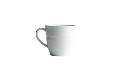 A simple, isolated white ceramic mug with a handle, set against a solid black background. The mug's shape is slightly tapered