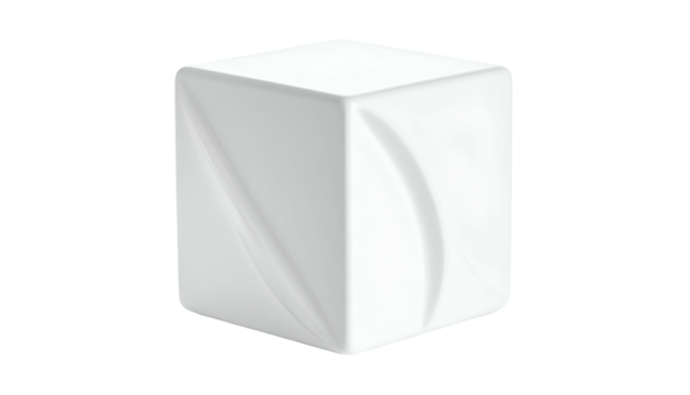 A pristine white geometric cube, showcasing subtle curved indentations on its surfaces, set against a stark black background - Powered by Adobe