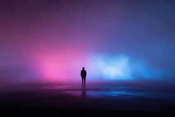 Figure in Pink and Blue Smoke: Dreamy Scene with Reflective Surface and Dark Tone
