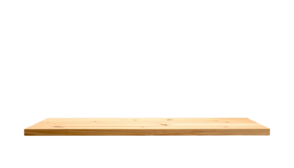 A simple wooden shelf, rectangular in shape, is presented against a stark black background. It appears ready for display