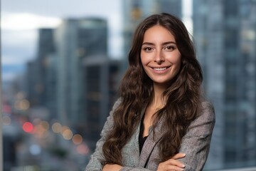 Professional Portrait of Business Woman: Smiling Professional Image with Cityscape Background
