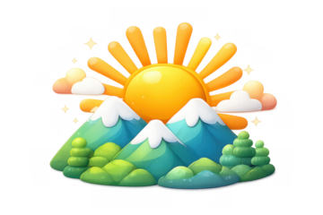 Colorful cartoon landscape illustration with sun rising above snowy mountains, clouds, and evergreen trees