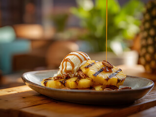 Ice cream dessert with grill pine-apple on plate.