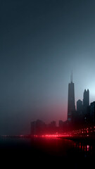 Fototapeta premium City skyscrapers silhouette in mysterious red fog