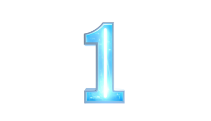 A numeral one, outlined in bright blue with a white glow inside, on a pure black background. The shape shows light effects