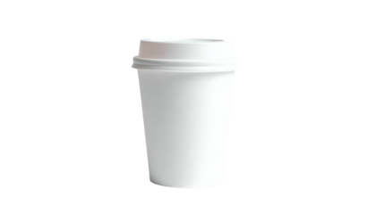 A stark white, disposable paper cup with a matching lid, isolated against a solid black background. The cup's shape is smooth and cylindrical