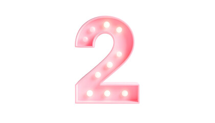 A luminous, pastel pink number two with small, bright lights on its surface, isolated on a stark black background