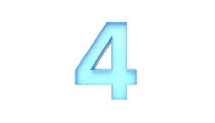 A luminous, three-dimensional numeral "4" glows brightly against a stark black backdrop. Its light blue color contrasts sharply