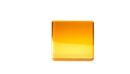 A luminous, golden-orange, glossy, three-dimensional square against a stark black backdrop. The square has rounded edges and a reflective surface
