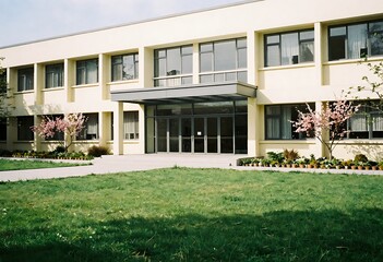 Modern school building in sunlight, featuring glass entrance, neat stone steps, green lawns, and courtyard. Clean architecture, urban campus, and inviting academic atmosphere with bright, detailed.