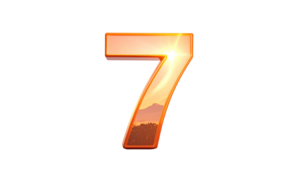 A vibrant number seven, illuminated by a brilliant sunset scene embedded within its form. A golden border outlines the figure against a black backdrop