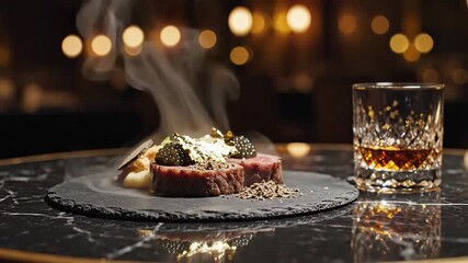 Gourmet dish presentation on slate plate with decorative garnish