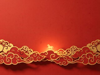 Chinese New Year Red Background with Golden Horse and Clouds