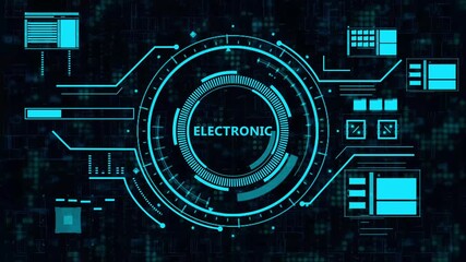 Futuristic HUD digital interface with rotating circular elements and data visualization. Glowing cyan hi-tech electronic dashboard display. Abstract cyber technology UI concept for science fiction. - Powered by Adobe