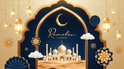 Luxury Ramadan Kareem Background with Golden Mosque, Crescent Moon and Hanging Lanterns – Elegant Islamic 3D Illustration © FikStock