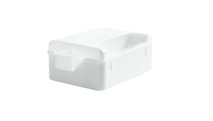 A white rectangular plastic container, slightly open with an attached handle on the front. It is isolated on a black background