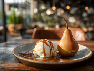 Pear and ice-cream topping with caramel.