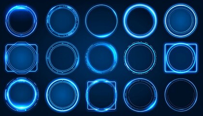 Futuristic Blue Neon Frames and Circles Set on Dark Background.