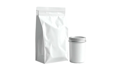 A white stand-up pouch and cylindrical jar, both blank, isolated against a black background. Simple packaging