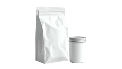 A white stand-up pouch and cylindrical jar, both blank, isolated against a black background. Simple packaging