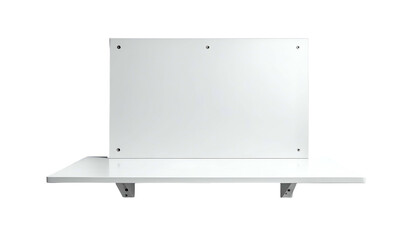 A white wall-mounted shelf with a back panel, supported by two metal brackets, set against a stark black background