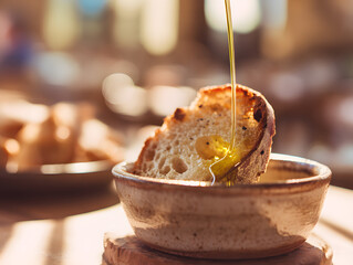 A single slice of sourdough bread with olive oil in  bowl.