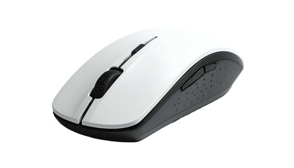 An angled, isolated shot of a wireless computer peripheral. It has a white top surface, a black scroll wheel, and dark-grey textured sides