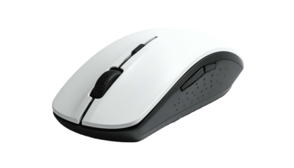 An angled, isolated shot of a wireless computer peripheral. It has a white top surface, a black scroll wheel, and dark-grey textured sides