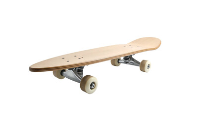 An isolated, light-wood skateboard, featuring silver trucks and white wheels, is presented against a stark black background