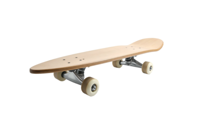 An isolated, light-wood skateboard, featuring silver trucks and white wheels, is presented against a stark black background
