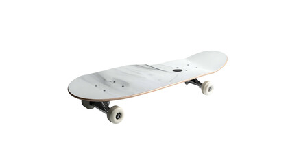 An isolated skateboard, angled slightly to reveal the deck's intricate design, wheels, and trucks against a pure black background
