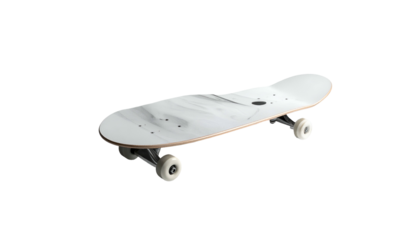 An isolated skateboard, angled slightly to reveal the deck's intricate design, wheels, and trucks against a pure black background