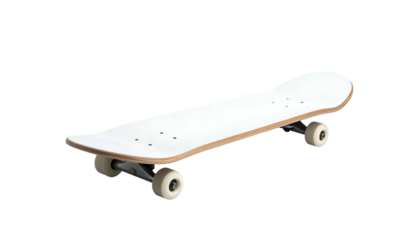 An isolated skateboard with a white deck, wooden edges, black trucks and wheels, set against a black background