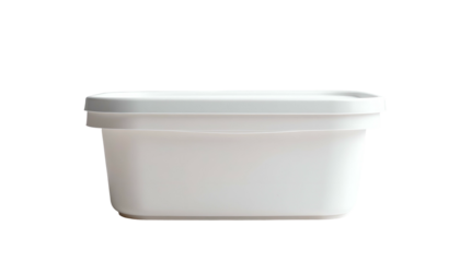 A close-up shot of a white rectangular container with a matching lid. It?s set against a solid black background, showcasing its shape