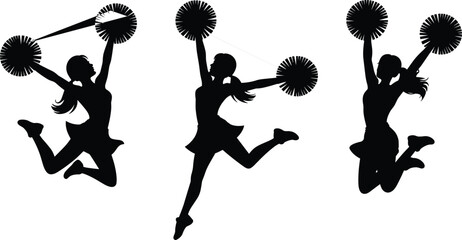 Cheerleader silhouette vector illustration, pom pom dance action, female athlete jump, sports spirit energy, black white graphic design flat art