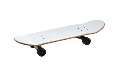 An isolated, sleek skateboard. The deck features a crisp white top with a natural wooden edge. Black wheels and trucks complete the setup