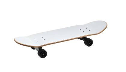 An isolated, sleek skateboard. The deck features a crisp white top with a natural wooden edge. Black wheels and trucks complete the setup
