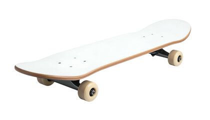 An isolated, top-down shot of a skateboard on a stark black background. The deck is white, with a wooden edge. The wheels are beige