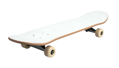 An isolated, top-down shot of a skateboard on a stark black background. The deck is white, with a wooden edge. The wheels are beige