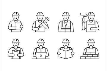 Fototapeta premium Construction Worker Line Icons for Building and Labor UI Dashboards