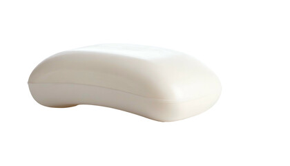 A close-up shot of a smooth, oval-shaped bar of white soap on a dark background. The soap appears clean and unused