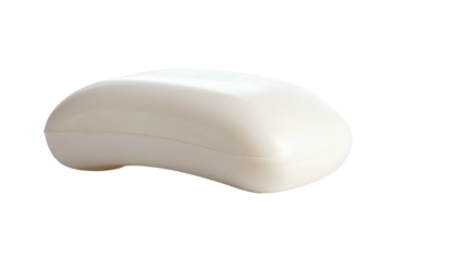 A close-up shot of a smooth, oval-shaped bar of white soap on a dark background. The soap appears clean and unused