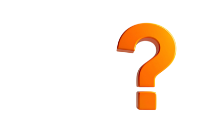 A 3D rendered, luminous orange question mark hovers isolated against a stark, black background. It appears to be floating