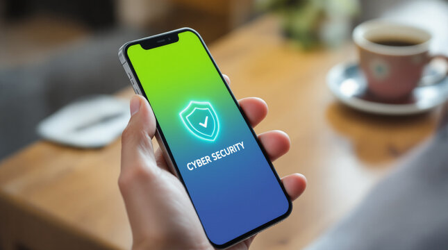 Person holding smartphone displaying glowing neon cyber security shield icon and verified checkmark successfully - Powered by Adobe