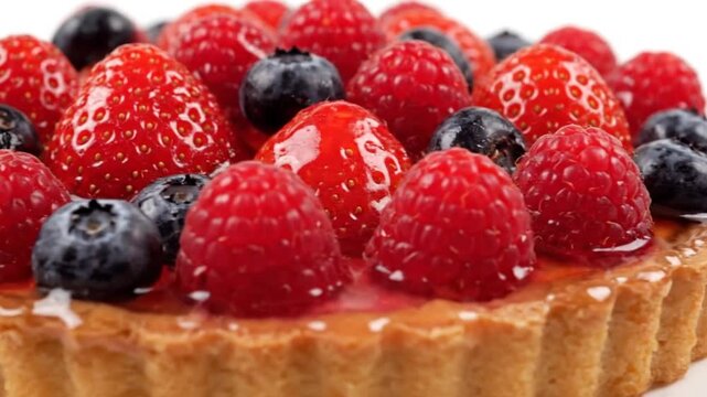 Fresh mixed berries and delicious pastry dessert on a white background