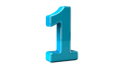 A 3D render of the number one, rendered in a glossy turquoise hue, isolated against a stark black background