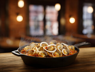 Buttery Garlic Steamed Clams in iron pan.
