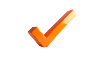 A 3D render of an orange, shiny checkmark against a stark black background. It appears three-dimensional and has a reflective finish