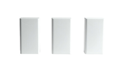 Three clean, rectangular, white objects in a row against a stark black background. They appear to be solid, glossy, and subtly lit