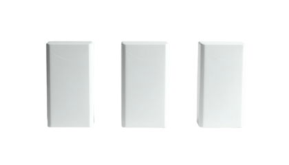 Three clean, rectangular, white objects in a row against a stark black background. They appear to be solid, glossy, and subtly lit